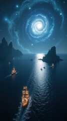 Enchanted Seascape: Celestial Vortex, Sailing Ships, Night Fantasy - Ideal for fantasy art, game design, book covers