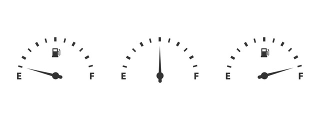 Fuel gauge icon. Car dashboard petrol meter with needle showing empty, half, and full positions vector illustration. Automotive gas level display symbol. Energy monitoring and refueling control sign. © Chelpanoff