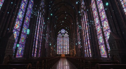 Ornate cathedral interior with luminous elements blending history and futuristic vision