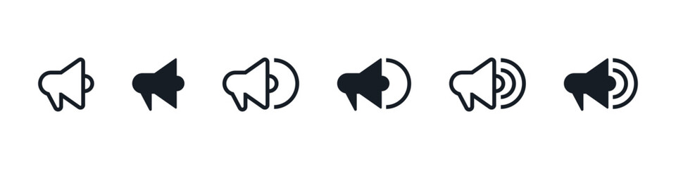 Sound volume icon. Audio speaker with mute, low, medium and high volume levels vector illustration. Media control and system settings symbol. User interface sound adjustment sign pictogram.