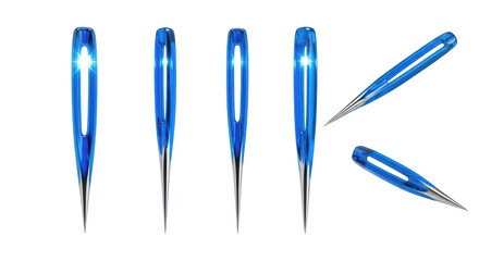 Blue sewing needles arranged against white background highlighting details Used for garment or craft creation