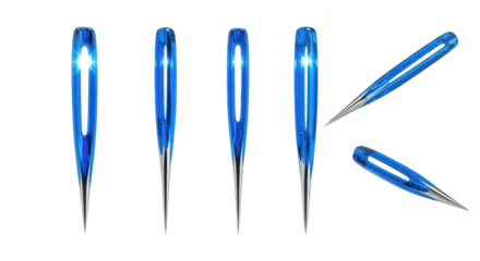 Blue sewing needles arranged against white background highlighting details Used for garment or craft creation