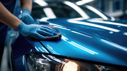 Car detailing with blue gloves polishing shiny blue car hood using microfiber cloth in auto body shop, reflecting bright lights and clean surface with care and precision