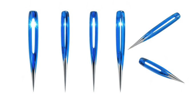 Blue sewing needles arranged against white background highlighting details Used for garment or craft creation