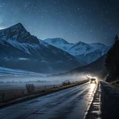 Dark Wet Road Leading to Snowy Mountains at Night