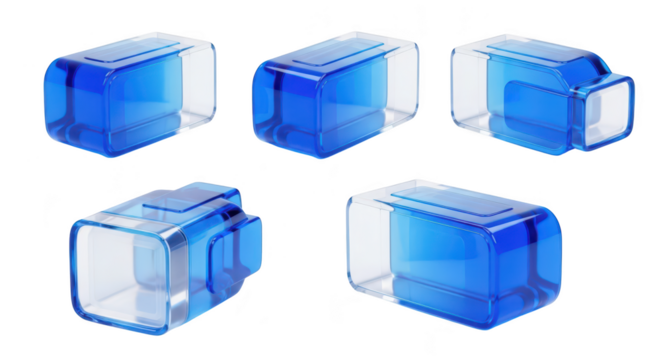 Clear futuristic digital device concept rendered in blue various views isolated on white background ideal for tech product visualization