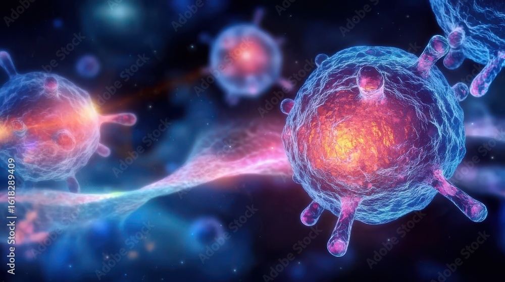 Poster a detailed futuristic rendering of microscopic cells viruses and bacteria under investigation in a h