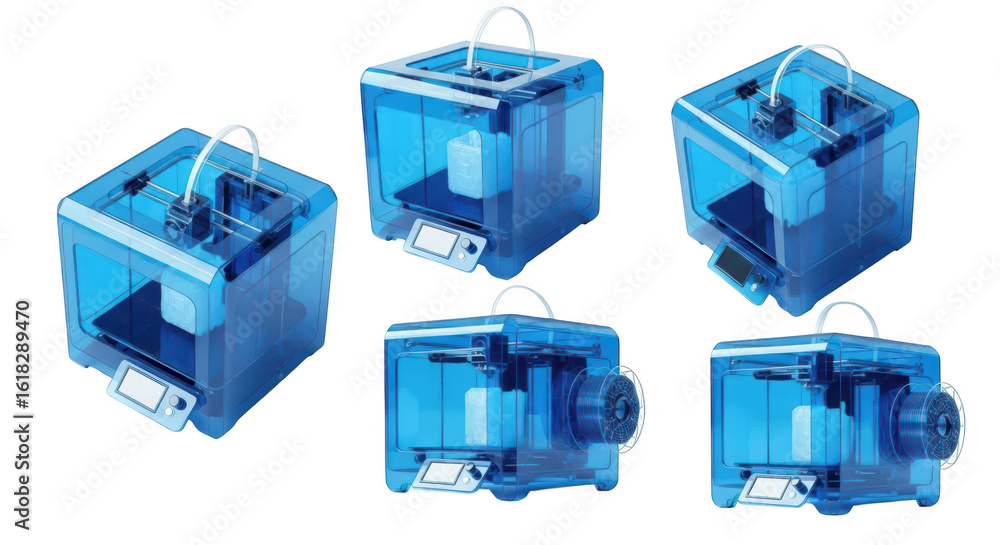 Aufkleber Blue 3D printers are printing objects in a white studio setting showcasing digital fabrication & rapid prototyping capabilities