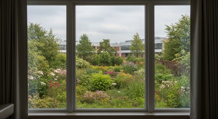 Serene garden view from a window: a tranquil escape amidst urban living and nature's artistry
