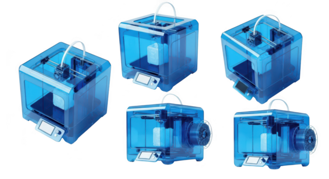 Blue 3D printers are printing objects in a white studio setting showcasing digital fabrication & rapid prototyping capabilities