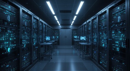 Server room visualization showing rows of racks and technical workstations in a data center