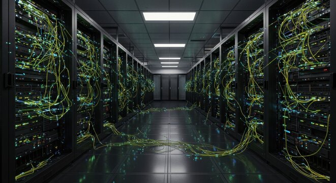 Server room interior with rows of computer racks and connected data cables infrastructure