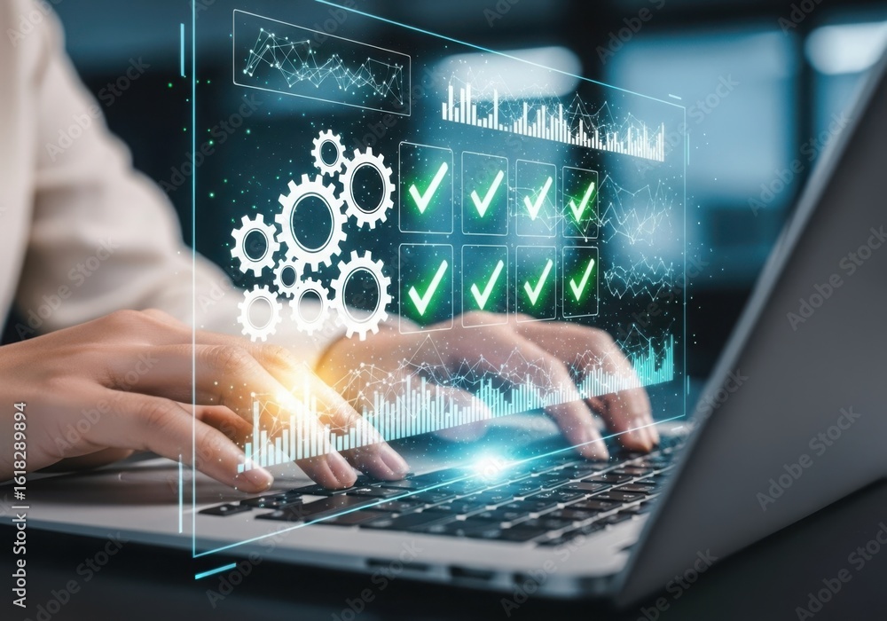 Wall mural hands typing on laptop with digital interface showing gears and checkmarks