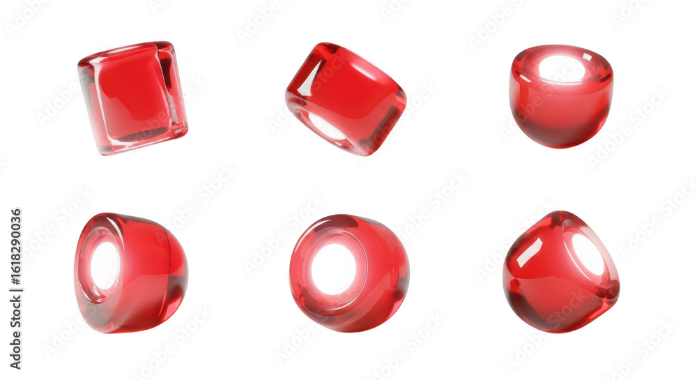 Aufkleber red translucent 3d cubes rotate on white surface with internal light glow creating reflections and s