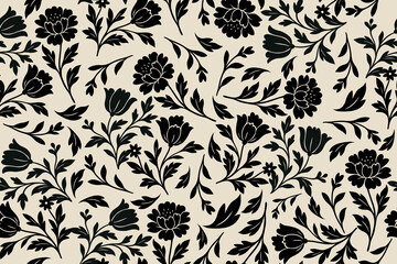 Elegant black floral silhouette pattern on a beige background. Vintage-inspired seamless design ideal for wallpaper, textiles, wrapping, and classy decor.
