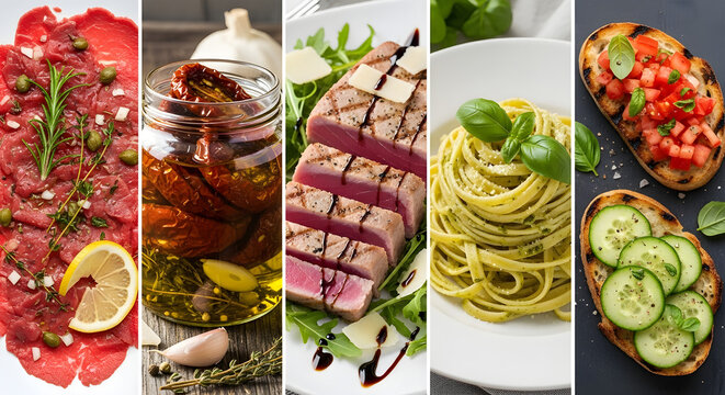 A Five-Part Italian Culinary Story in Stripes for upscale food blogs, chef portfolios, kitchen decor posters to show the diversity of Mediterranean dishes, or cooking class advertisements