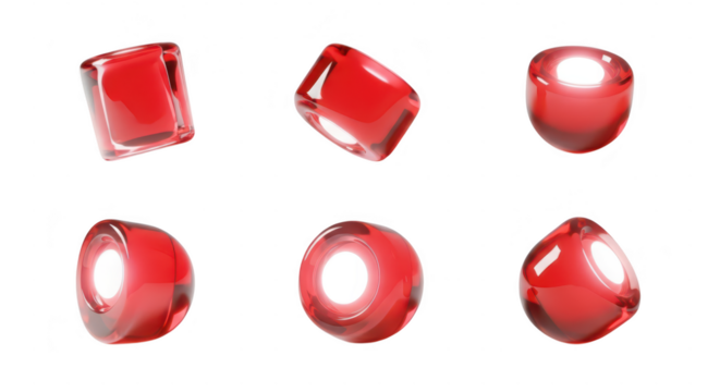 Red translucent 3D cubes rotate on white surface with internal light glow creating reflections and shadows for abstract design use