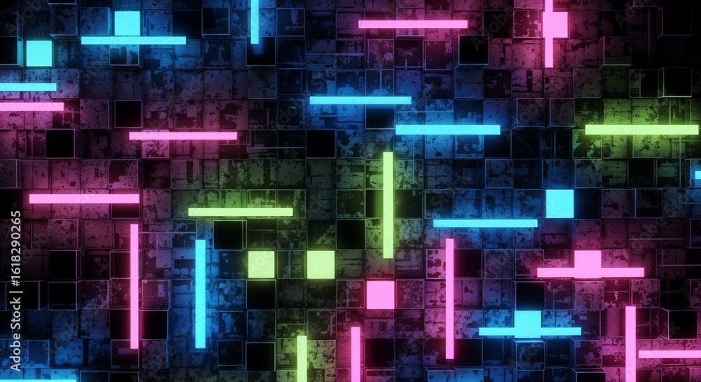 Poster abstract background with neon lights on textured cubes creating a vibrant and modern design aestheti