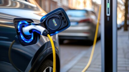 An electric vehicle being charged at a public charging station on a city street showcasing the growing infrastructure for sustainable transportation