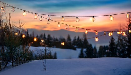 glowing string lights hang outdoors with a snowy backdrop and a soft colorful sunset sky