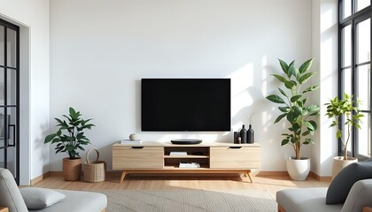 scandinavian minimalist living room with wooden media console, white walls, indoor plants, soft lighting, modern nordic interior design