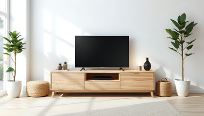 scandinavian minimalist living room with wooden media console, white walls, indoor plants, soft lighting, modern nordic interior design