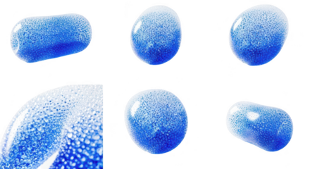 Blue glass objects in various poses on a white background showing shadows and light Used for textures abstract art design elements