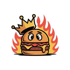 A crowned burger engulfed in flames—representing stress or heat with a food personality. Vector illustration design.