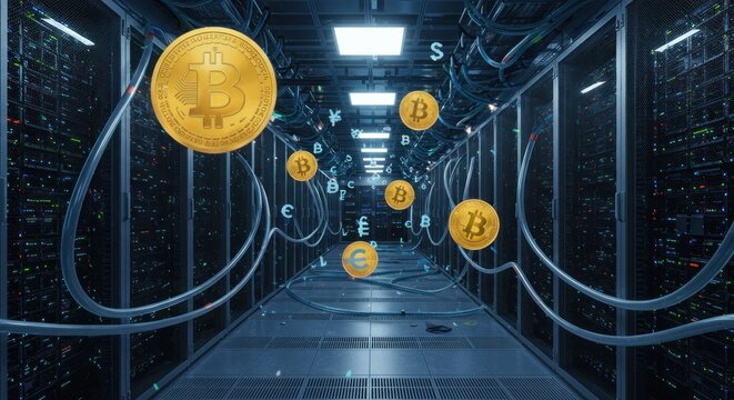 Virtual Currency Operations Depicted in a Server Room Environment Setting