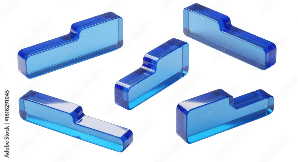 Poster five transparent blue shapes arranged on a white surface suggesting architectural design elements or