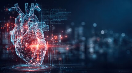 Obraz premium Futuristic digital representation of the human heart showcasing advanced medical technology data analysis and scientific research for healthcare and diagnostic purposes