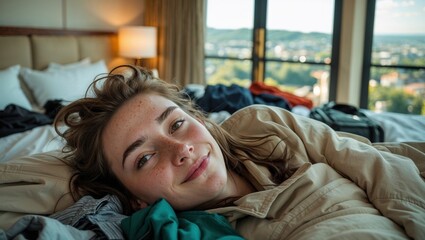 relaxed young woman with freckles smiles softly while lounging comfortably in bed, bathed in warm natural light from a window