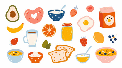 Colorful Breakfast Food Vector Illustration with Avocado Donut Yogurt Orange Egg Toast and Other Foods