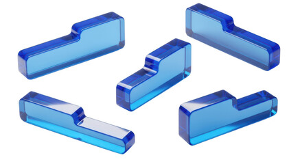 Five transparent blue shapes arranged on a white surface suggesting architectural design elements or puzzle pieces with soft shadows Possible for illustration