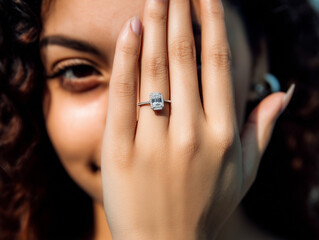 Close up of a young woman with a rectangular diamond ring on her finger
