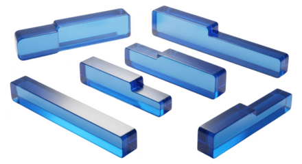 Transparent blue puzzle pieces scattered on a white surface implying construction concept and technology with a subtle gradient in the background useful for graphic design
