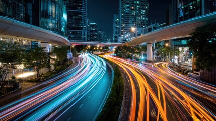 City highway at night with light trails