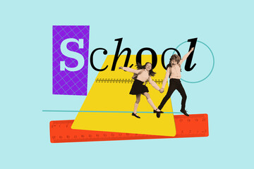 Exclusive image full photo collage of two happy schoolboy schoolgirl run back to school notepad...