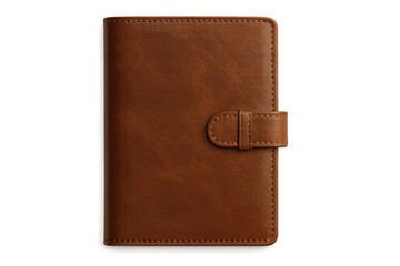 Closed brown leather notebook with a strap, isolated on transparent background, ideal for showcasing your design
