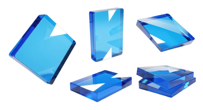 Translucent blue glass blocks levitating against a bright white backdrop casting shadows for abstract art or design concepts