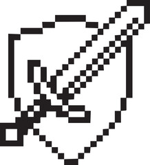 A pixelated image of a shield with a sword crossing it diagonally, all in black and white pixel art