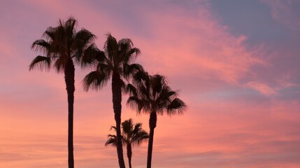 Obraz premium Palm trees silhouette against a vibrant sunset sky