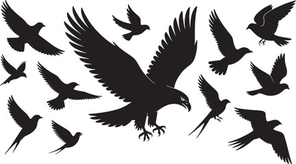 Obraz premium Dynamic Avian Silhouettes A Collection of Flying Bird Vectors in Striking Black Against Transparent Backdrop