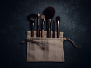 Makeup Brush Set on Linen Pouch, Dark Background