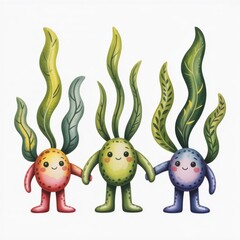 Colorful Watercolor Characters Holding Hands in a Whimsical Underwater Setting