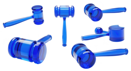 Rendered blue translucent gavels on a white surface angled symbolizing justice legal proceedings law court or auction