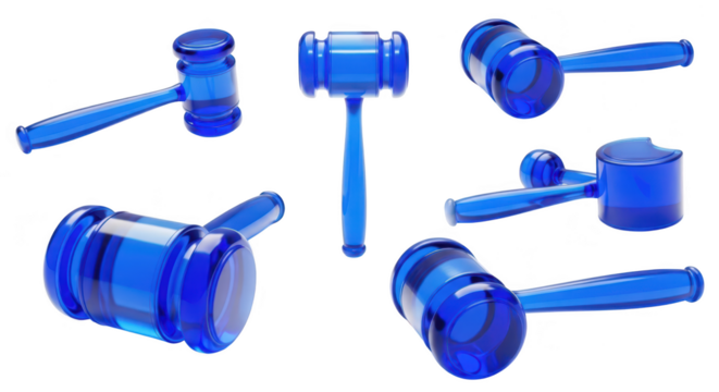 Rendered blue translucent gavels on a white surface angled symbolizing justice legal proceedings law court or auction