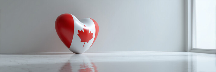 A 3D heart with Canada flag colors (red, white), standing on a reflective floor, isolated on a pure white background.