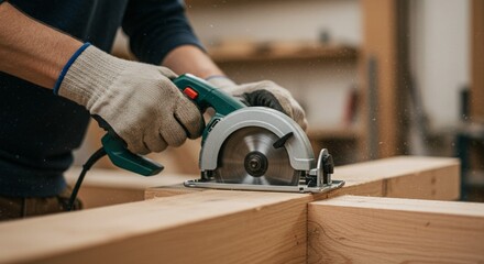 Handyman Cutting Wooden Beam with Precision