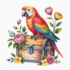 Colorful Parrot Perched on a Treasure Chest Surrounded by Flowers in a Whimsical Watercolor Style